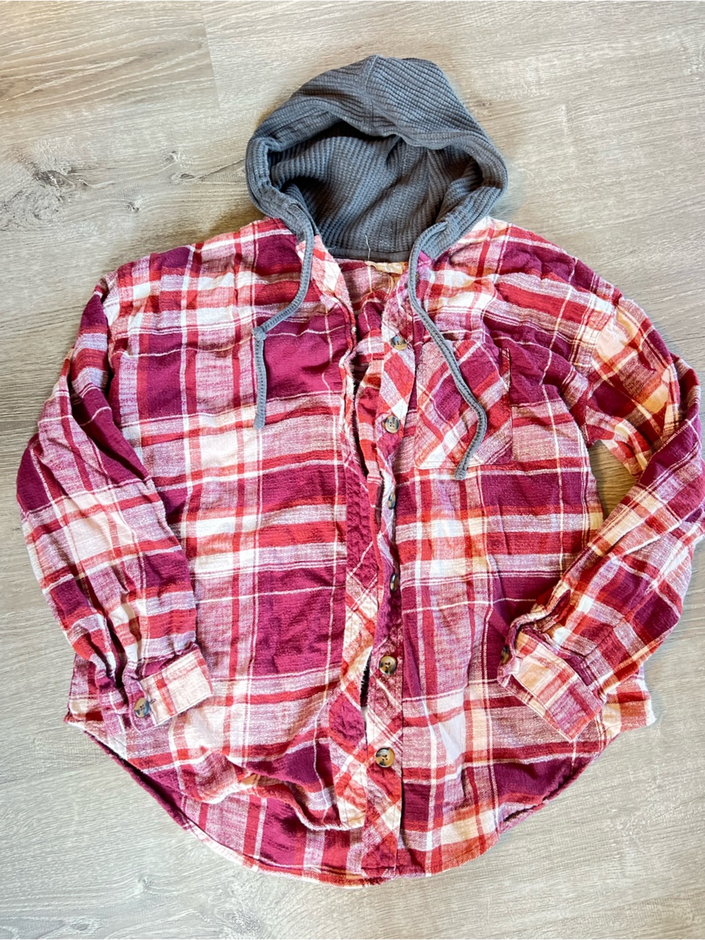 Maurices Women's Hooded Plaid Button-Down Shirt in Burgundy and Gray